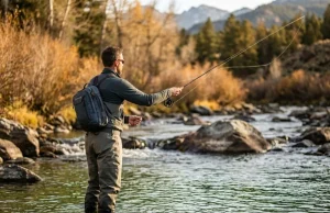 Your Fishing Pack Is Killing Your Cast and You Don’t Know It Angler roll casting on mountain river wearing sling pack on non-casting shoulder, fall light