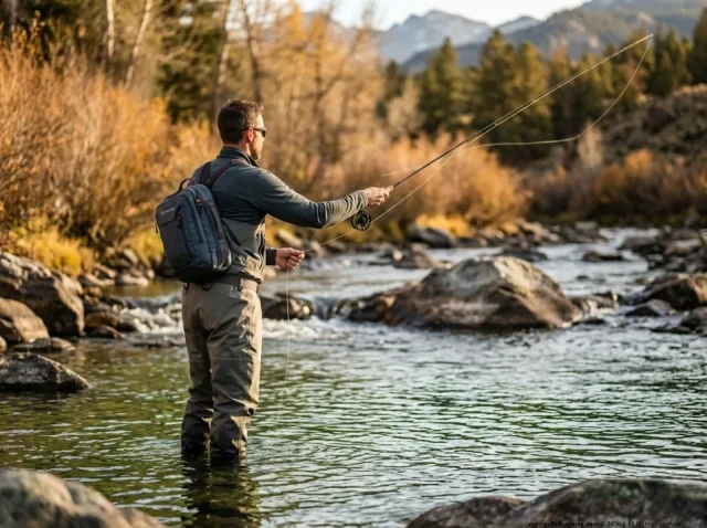fishing-pack-hip-belt-vs-shoulder-strap-hero Angler roll casting on mountain river wearing sling pack on non-casting shoulder, fall light