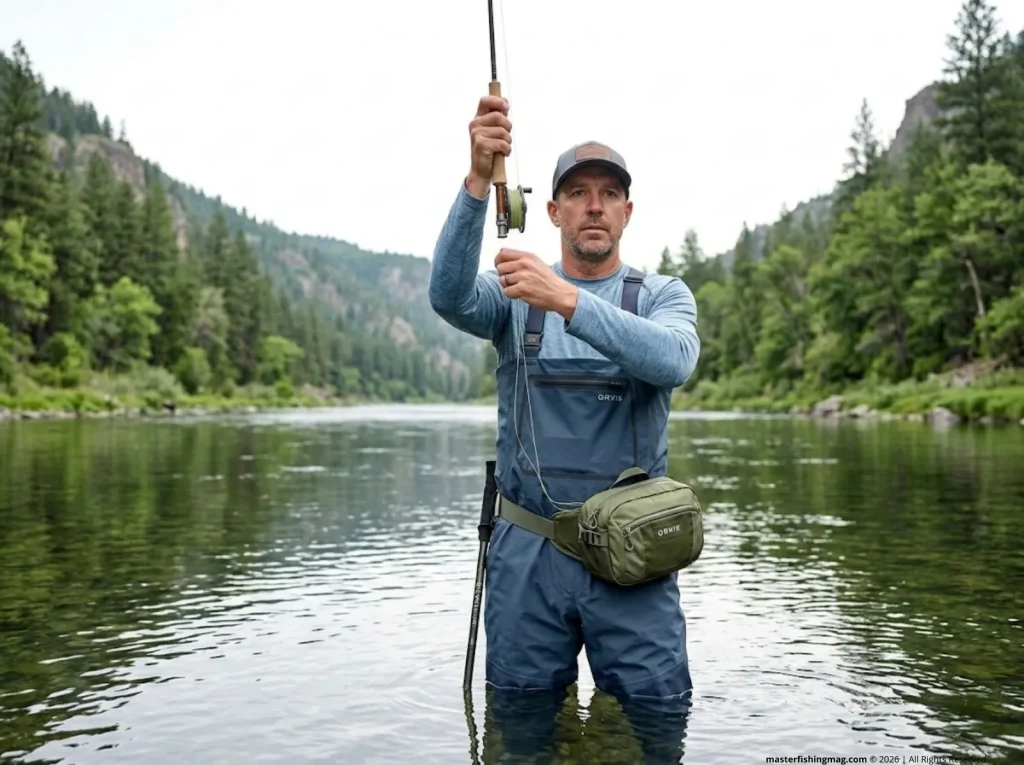 Wade angler high-sticking nymphs wearing Orvis hip pack, both shoulders free, tailwater river