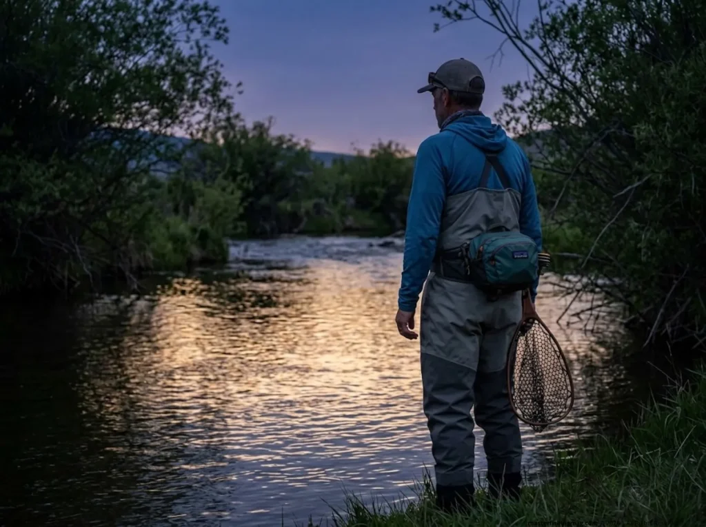 Experienced angler studying trout stream at dusk, Patagonia convertible pack in hip-belt mode, net at side