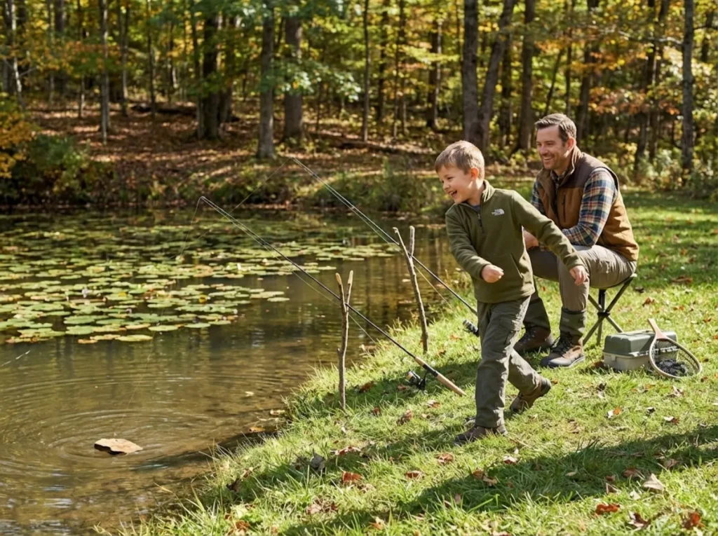 Boy skipping rocks during fishing break while dad watches rods showing patience reset tactic 