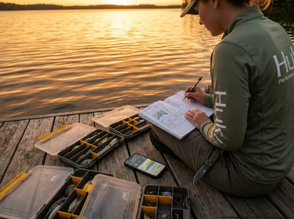 Female angler preparing tackle and reviewing fishing log at dock before trip, using pre-trip intel to troubleshoot fish not biting 