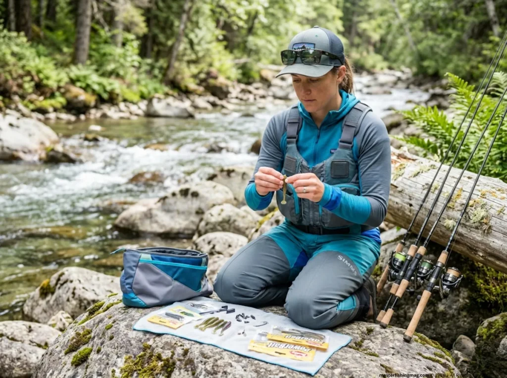 Female angler swapping lure presentation on stream bank, adjusting retrieve and bait size for fish not biting