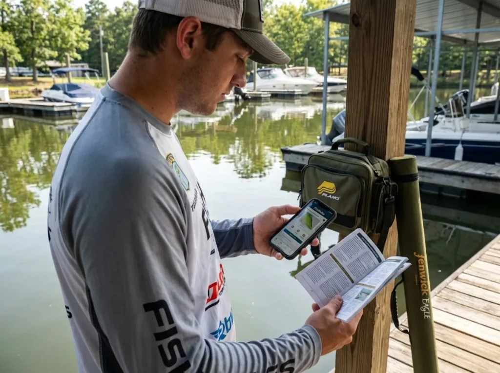 Angler checking fishing regulations on FishRules app and printed guide at marina
