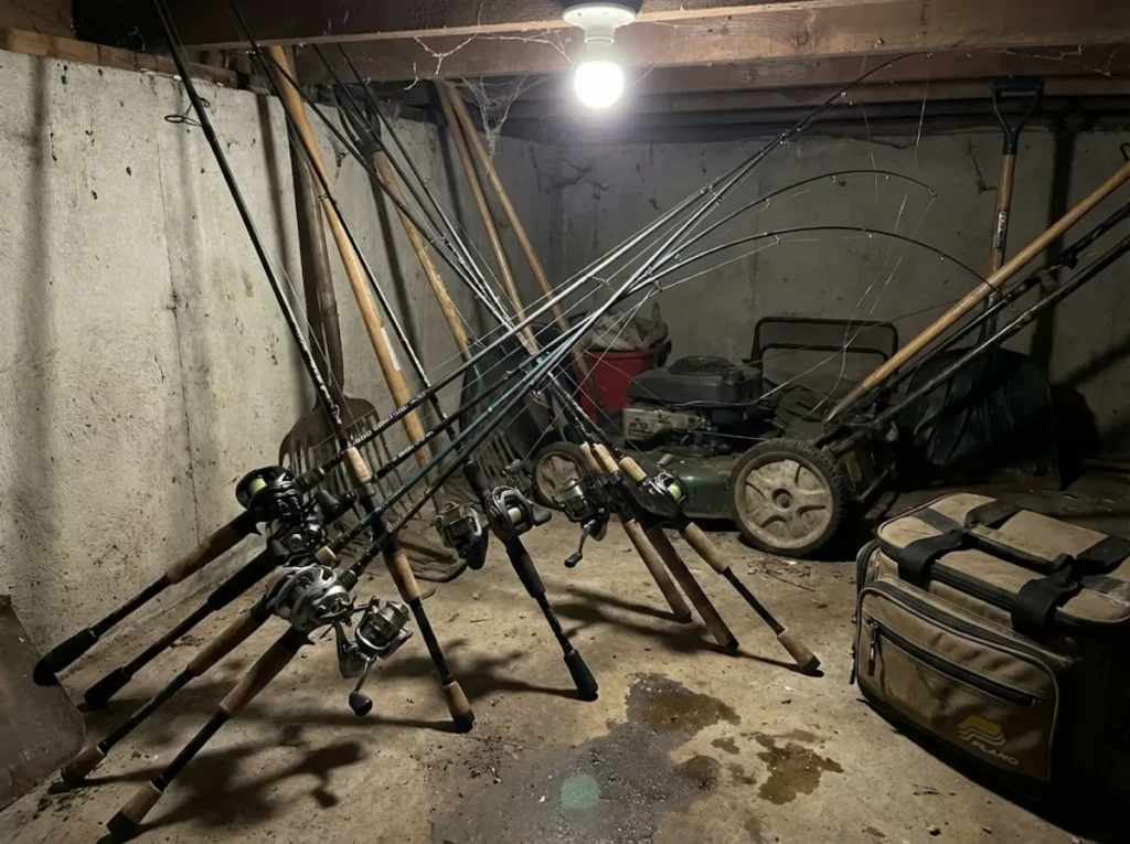 Fishing rods leaning haphazardly in garage corner showing common storage mistakes