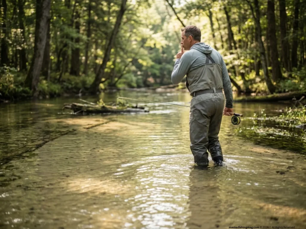 Angler wading silently toward fish in clear river, using stealth approach to avoid detection by fish lateral line system 