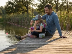 Fishing With Kids? 7 Patience Tactics I Learned the Hard Way Father teaching daughter patience tactics while fishing from a pond dock at golden hour