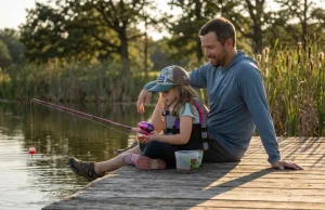 Fishing With Kids? 7 Patience Tactics I Learned the Hard Way Father teaching daughter patience tactics while fishing from a pond dock at golden hour