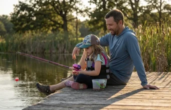 Fishing With Kids? 7 Patience Tactics I Learned the Hard Way Father teaching daughter patience tactics while fishing from a pond dock at golden hour