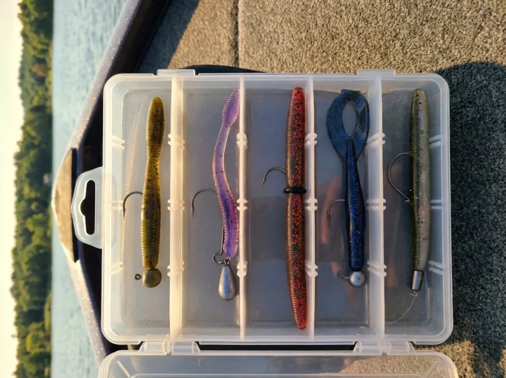 Five finesse rigs rigged and ready on boat deck including Ned Drop Shot Wacky Shaky and Neko
