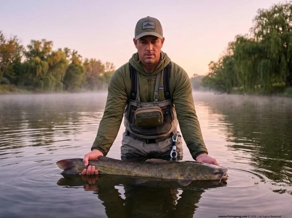 Angler releasing flathead catfish at dawn practicing ethical catch and release during post-spawn season 