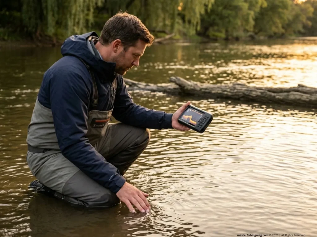Angler scanning deep river structure with fish finder at dusk, locating flathead catfish daytime cover