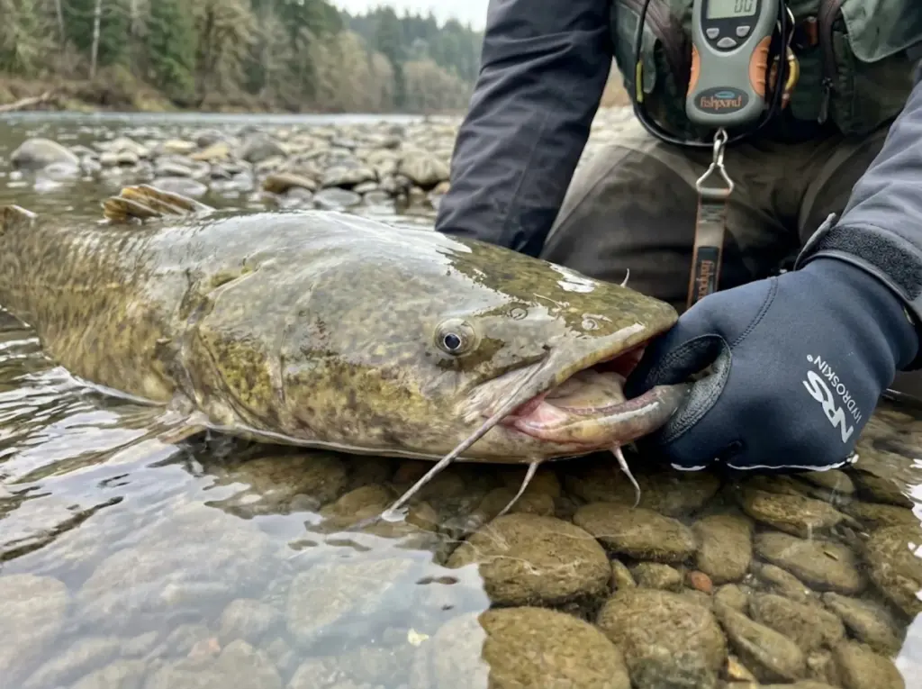 Close-up of flathead catfish head showing underbite jaw and mottled camouflage pattern in shallow river water