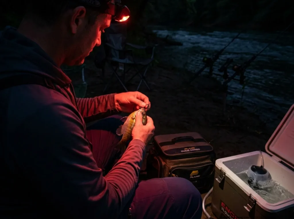 Angler rigging live bluegill on circle hook at night for flathead catfish, showing vibration-based bait selection