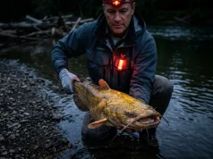 How Flathead Catfish See, Stalk, and Strike at Night Angler holding large flathead catfish at night on a river, showing nocturnal night fishing for flathead