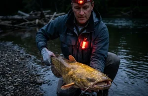 How Flathead Catfish See, Stalk, and Strike at Night Angler holding large flathead catfish at night on a river, showing nocturnal night fishing for flathead