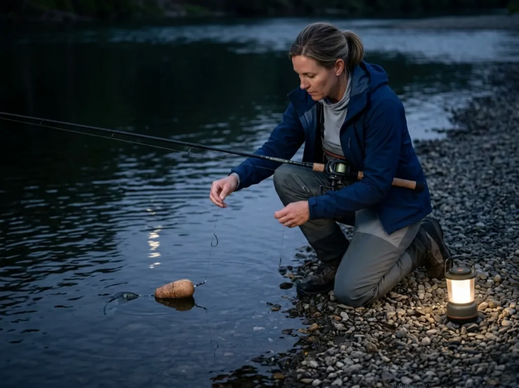Female angler deploying suspended live bait rig with circle hook for flathead catfish at night on a river gravel bar 