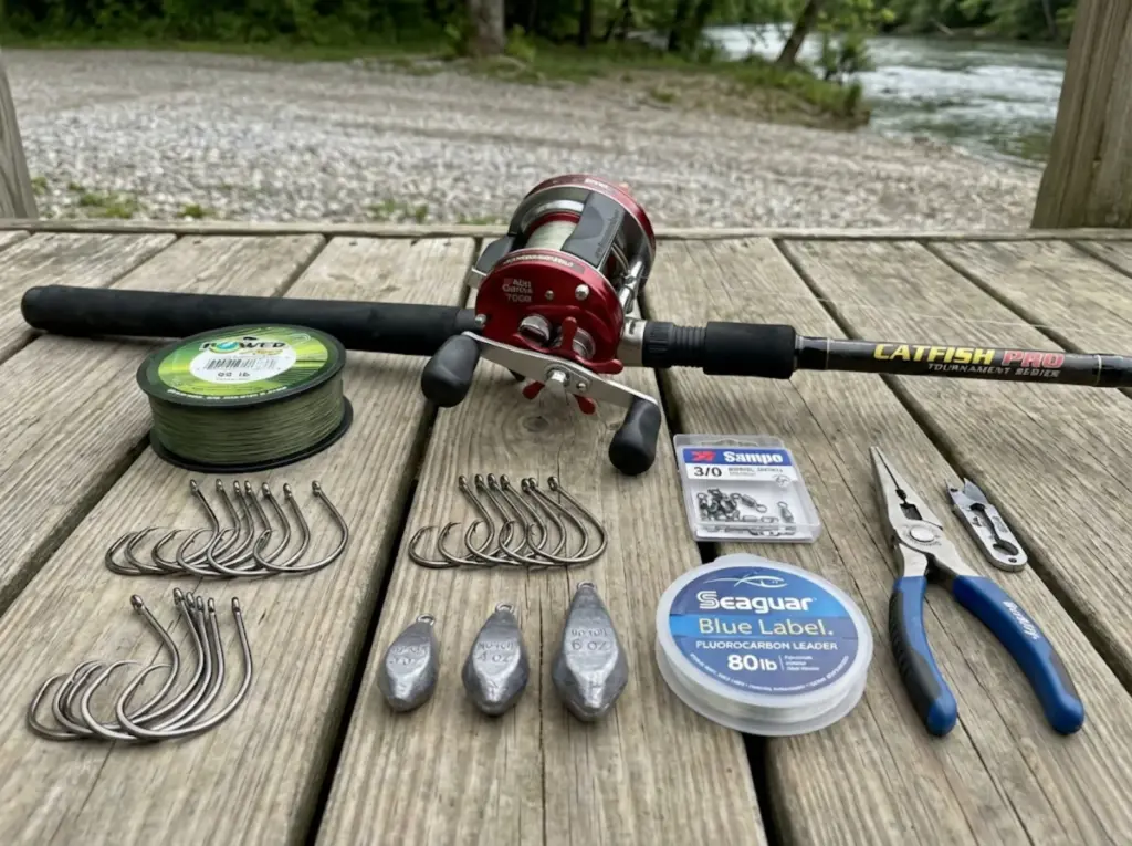 Flat-lay of flathead catfish tackle with Abu Garcia Ambassadeur 7000 reel braided line circle hooks and no-roll sinkers