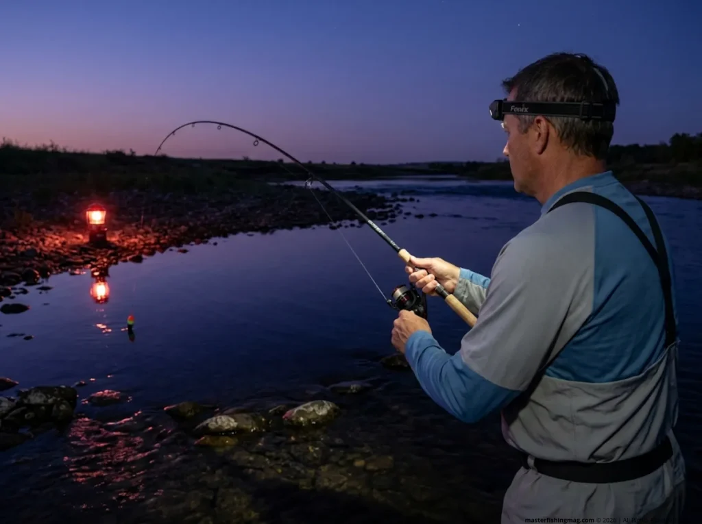 Angler casting live bait rig into river pool at twilight, targeting flathead catfish power hours after dark  
