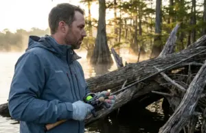 How to Flip and Pitch Bass Out of Heavy Cover (Step by Step) Angler flipping a jig into heavy cover on a bass fishing lake at dawn