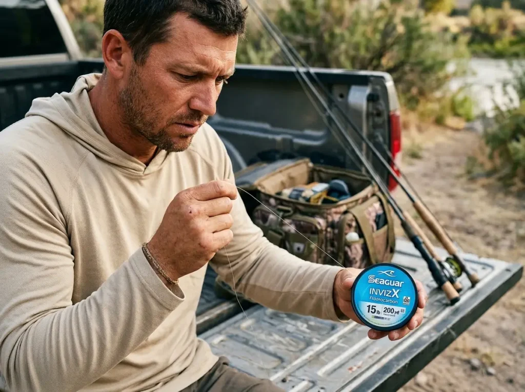 Angler running fluorocarbon fishing line through fingers to inspect it before changing