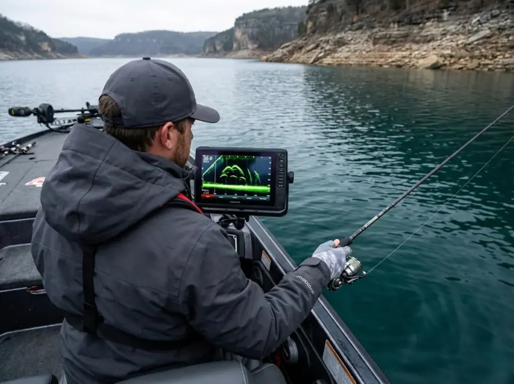 Angler studying Garmin LiveScope sonar returns while fishing a live minnow over a deep ledge