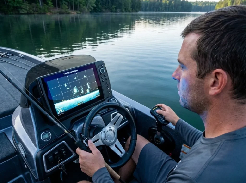 Angler using forward-facing sonar technology to target fish on modern bass boat