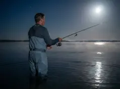 Full Moon Lockjaw Is Real—Here’s How to Beat It Angler casting under full moon in tidal estuary demonstrating night fishing tactics