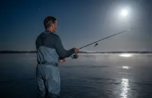 Full Moon Lockjaw Is Real—Here’s How to Beat It Angler casting under full moon in tidal estuary demonstrating night fishing tactics
