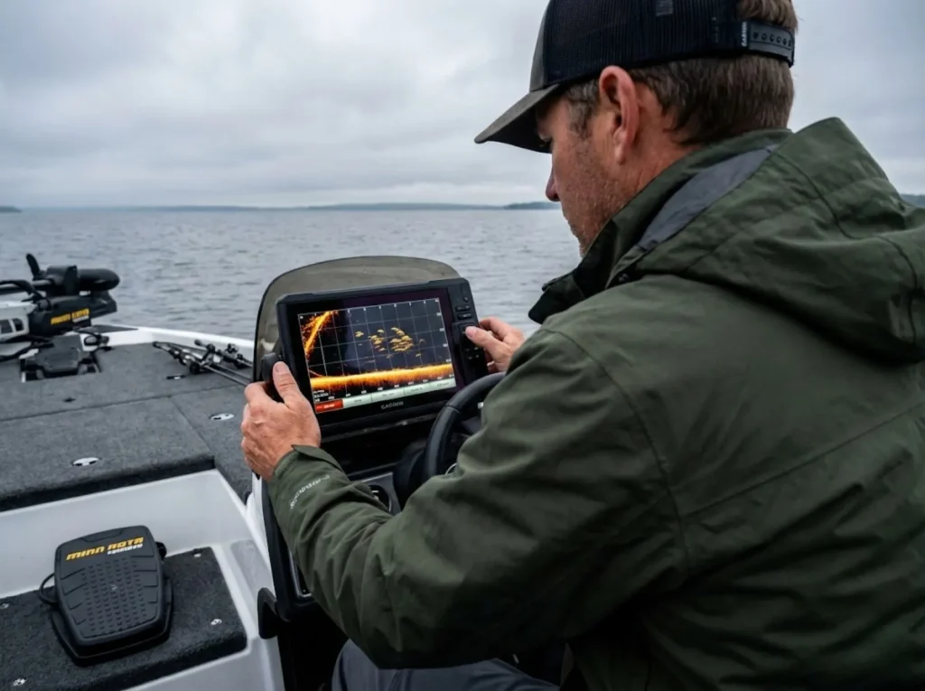 Angler reading Garmin LiveScope sonar for suspended fall crappie schools in deep water