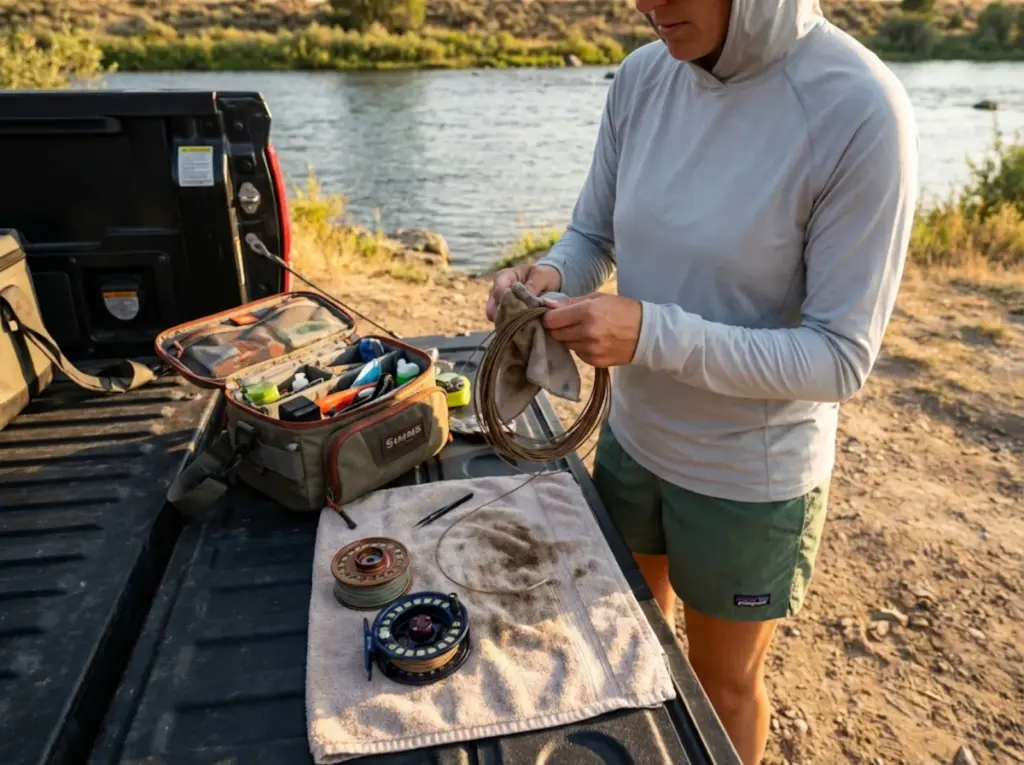 Angler cleaning silt-covered fly line and reel after spring runoff fishing