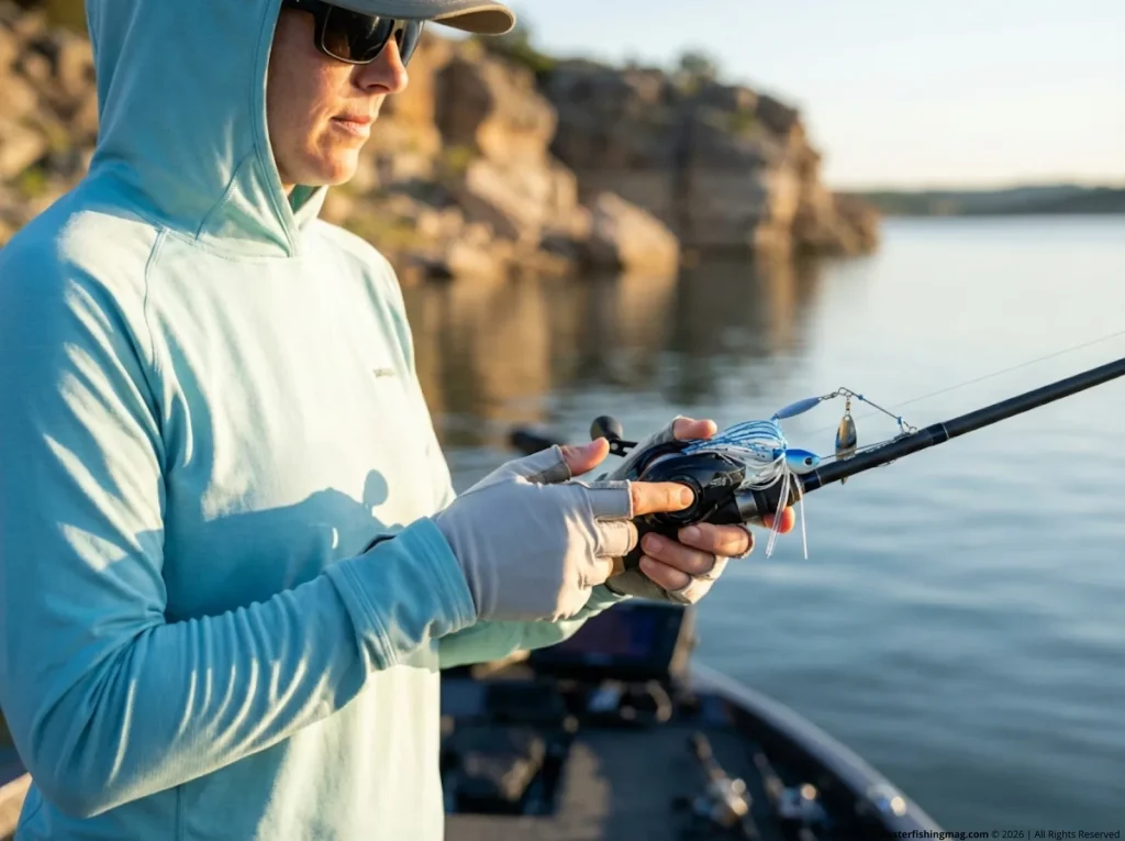 Female angler slow-rolling a spinnerbait at controlled cadence with KastKing baitcaster on summer reservoir 