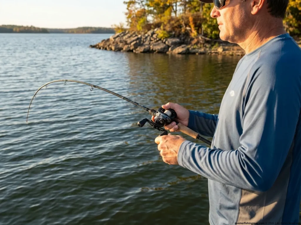 Angler slow-cranking a deep-diving crankbait with Abu Garcia baitcaster on autumn lake using correct low gear ratio 