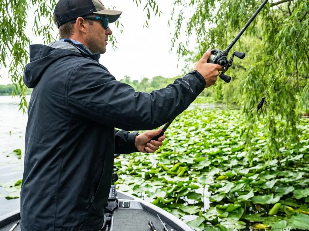 Angler pitching a jig into lily pad cover using a high-speed Daiwa baitcaster for fast slack take-up 