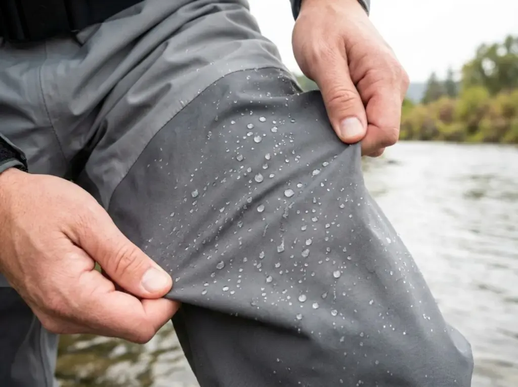 Close-up of GORE-TEX Pro Shell wader fabric with water beading on surface