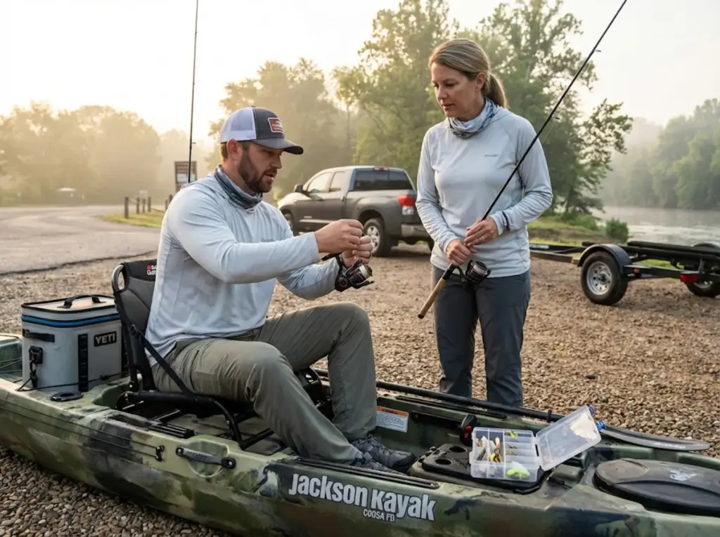 Fishing guide rigging kayak for Duck River smallmouth trip at morning put-in 