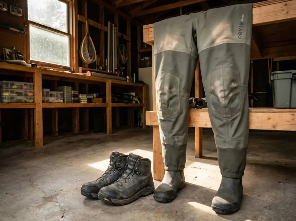 Well-maintained Orvis PRO waders with repair patches hanging in guide garage