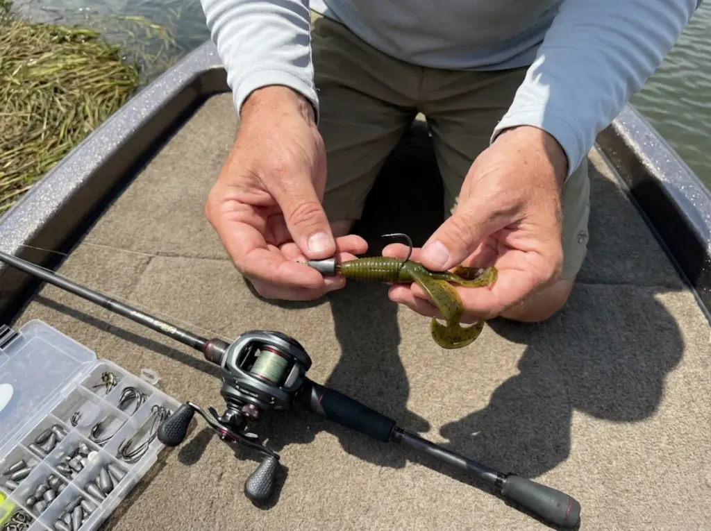 Close-up of Texas rigging a creature bait with tungsten weight for heavy cover bass fishing