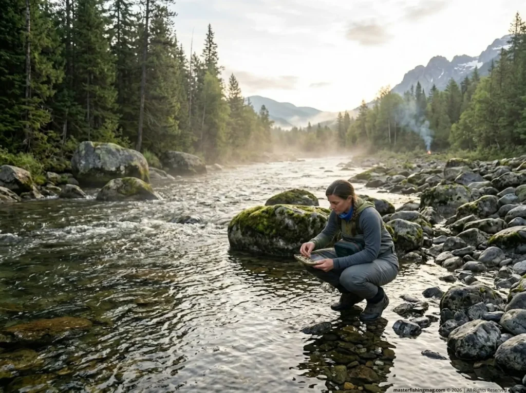 Female angler accessing Fishpond hip pack at stream edge, fly box open, morning mountain light