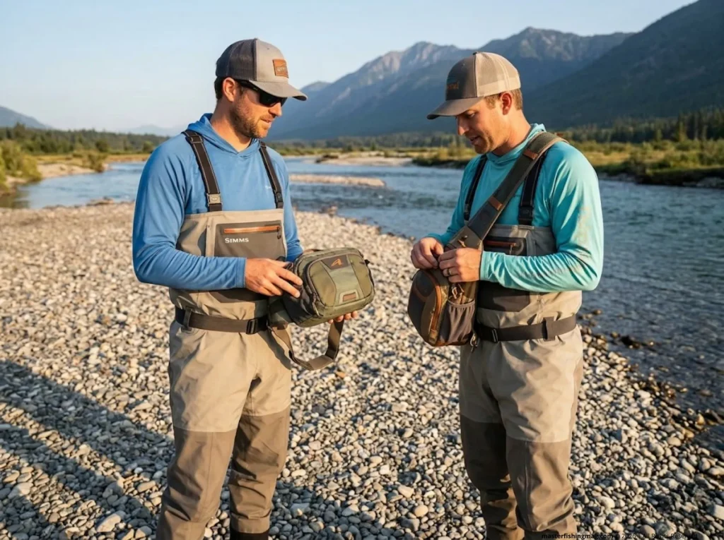 Two anglers comparing hip pack and sling pack on a gravel bar, afternoon mountain river light
