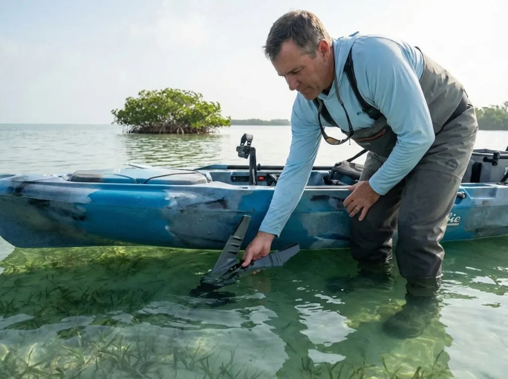 Angler lowering Hobie MirageDrive fins into clear shallow water over turtle grass flat