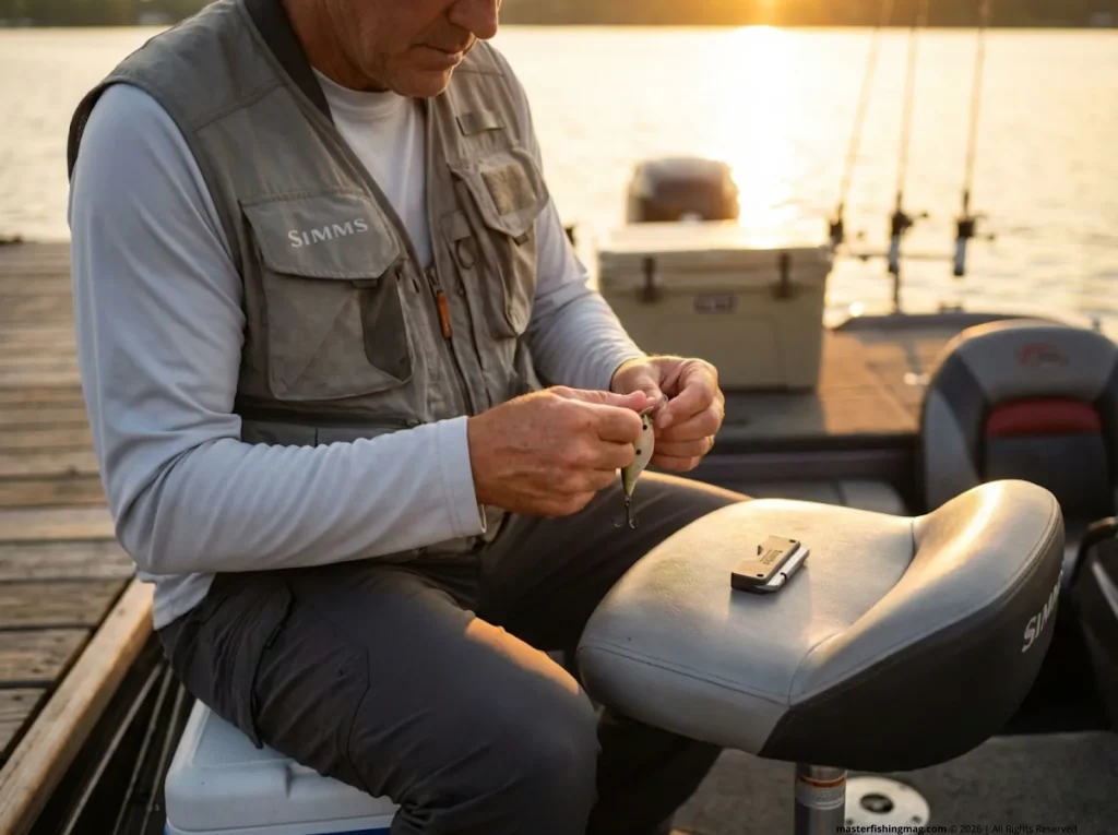 Angler testing treble hook sharpness with thumbnail at sunset on fishing boat dock