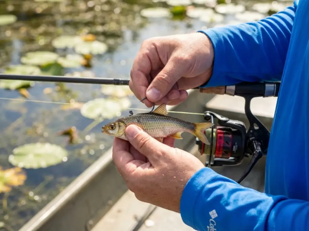 Close-up of angler threading a Trokar hook through a live golden shiner behind the dorsal fin