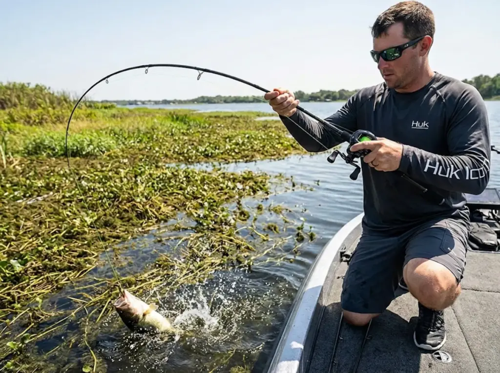 Bass angler setting hook through heavy vegetation with braided line cutting grass
