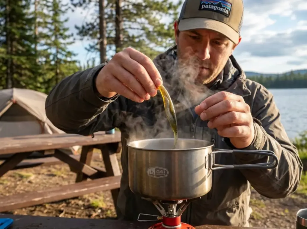 Angler using hot water technique to straighten bent soft plastic fishing lure at campsite