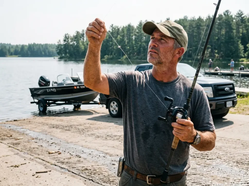 Angler checking fishing line on a reel at the boat ramp before deciding to change it