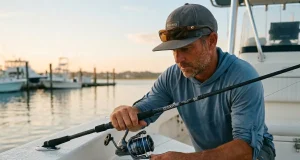 How Often to Change Your Fishing Line by Type Angler spooling fresh fishing line onto a spinning reel at a dawn boat ramp