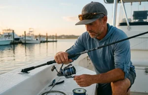 How Often to Change Your Fishing Line by Type Angler spooling fresh fishing line onto a spinning reel at a dawn boat ramp