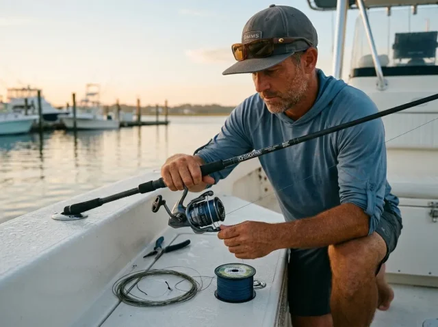 how-often-change-fishing-line-respool-spinning-reel Angler spooling fresh fishing line onto a spinning reel at a dawn boat ramp