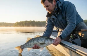 How to Catch Wipers Before They School Past You Angler releasing a hybrid striped bass wiper at dawn on a reservoir